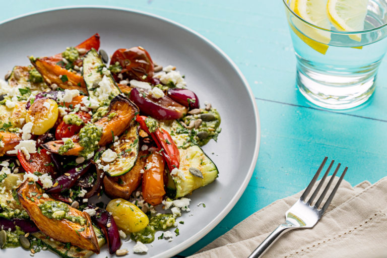 Roasted veg and feta cheese salad with pesto dressing