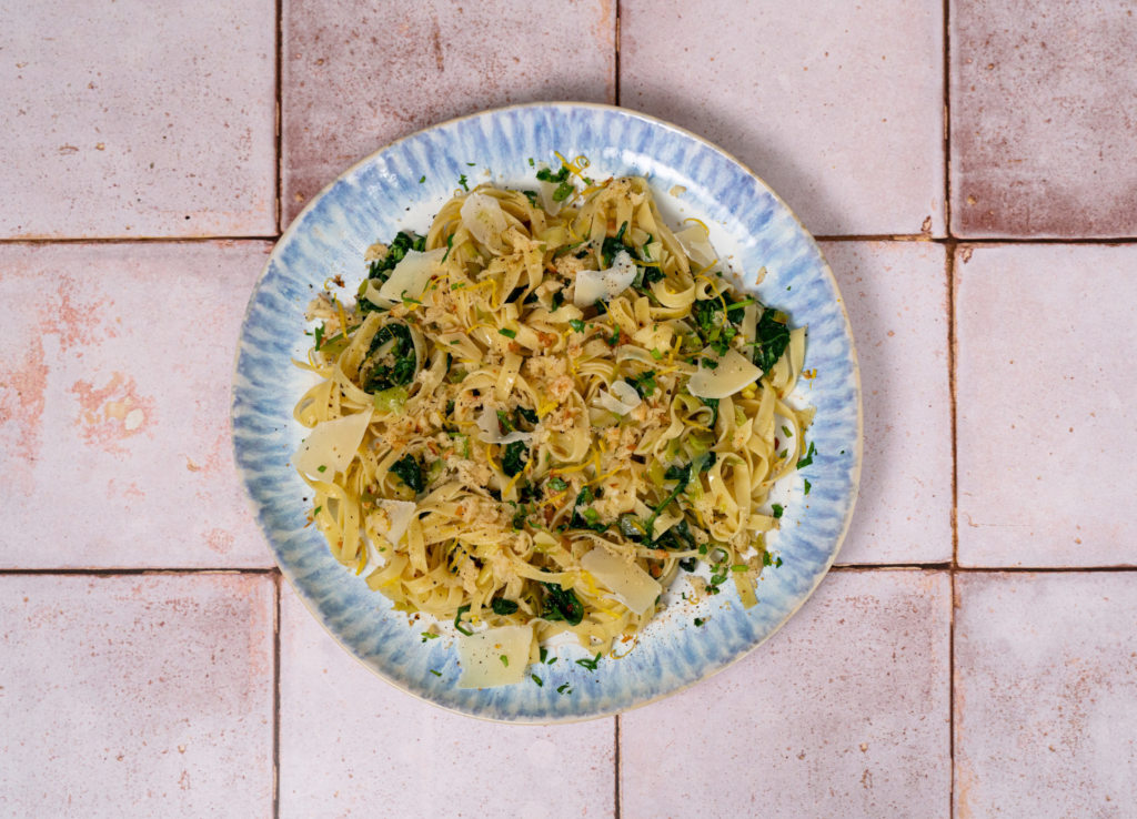 Zesty Leek and Spinach Tagliatelle with a Garlic and Parmesan Crumb