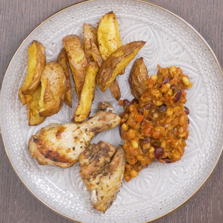 Chipotle Chicken with Potato Wedges and Cowboy Beans