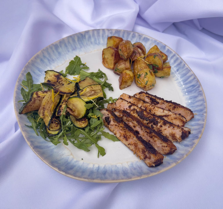 Adobo & coffee crusted tuna steak, with a warm, citrusy roast potato salad, and grilled courgette salad